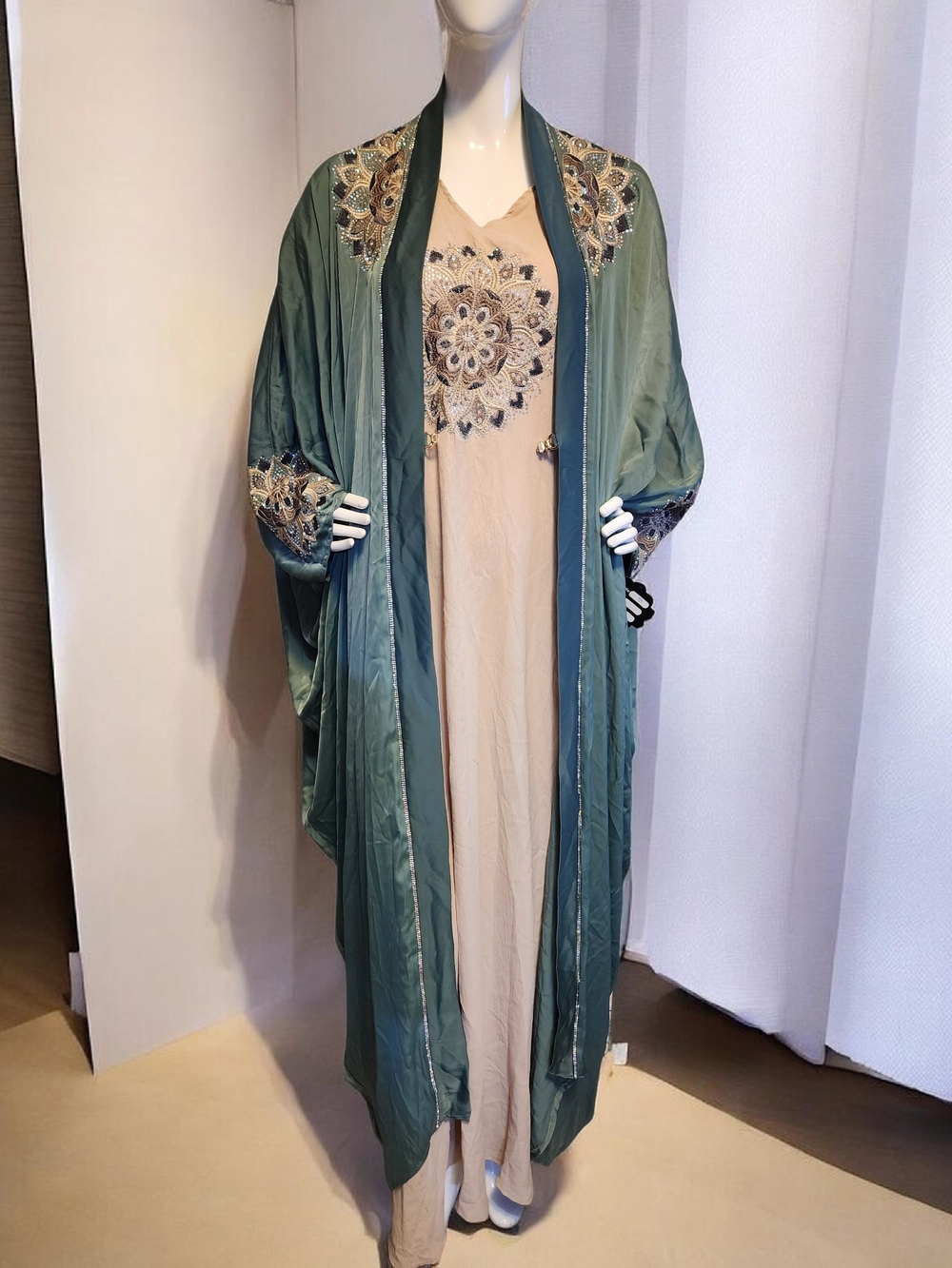 Embroidered Olive Green Long Duster Robe